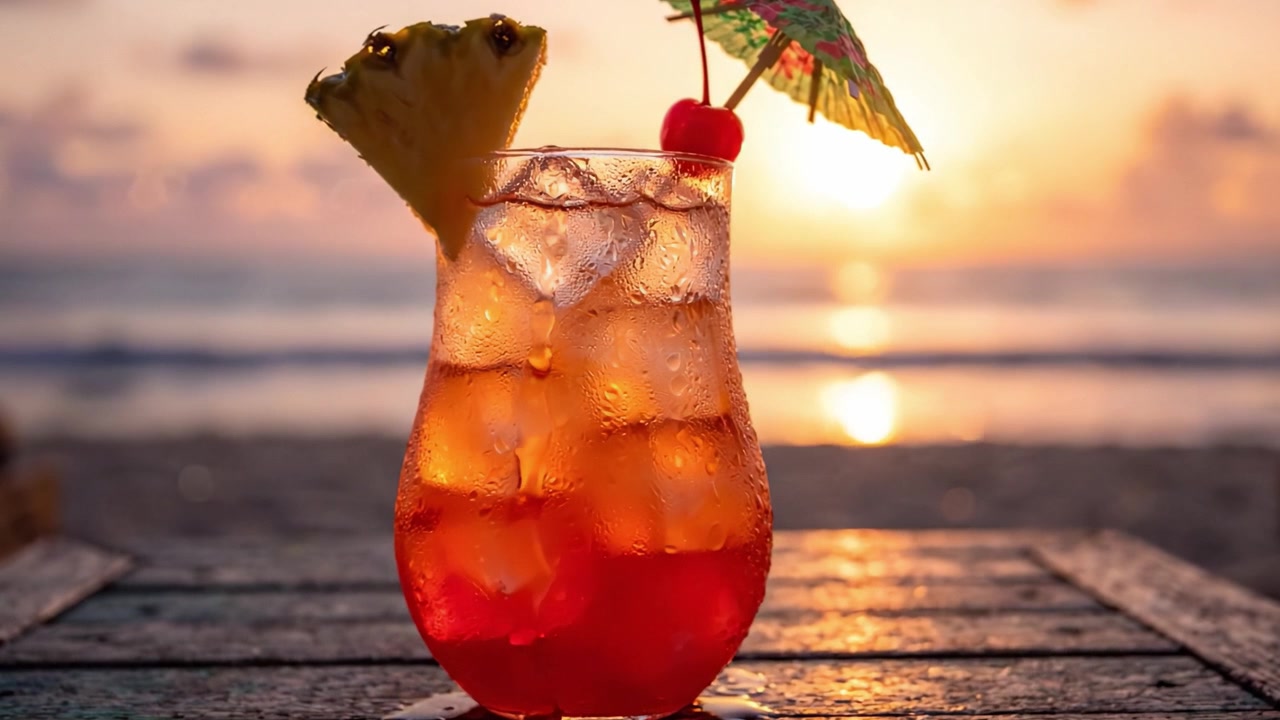 Un cocktail tropicale al tramonto: vivi il rinfresco perfetto con una splendida bevanda guarnita con ananas e ciliegia, sullo sfondo di un magnifico tramonto sulla spiaggia.