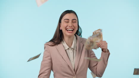 happy, lottery and raining money with a woman