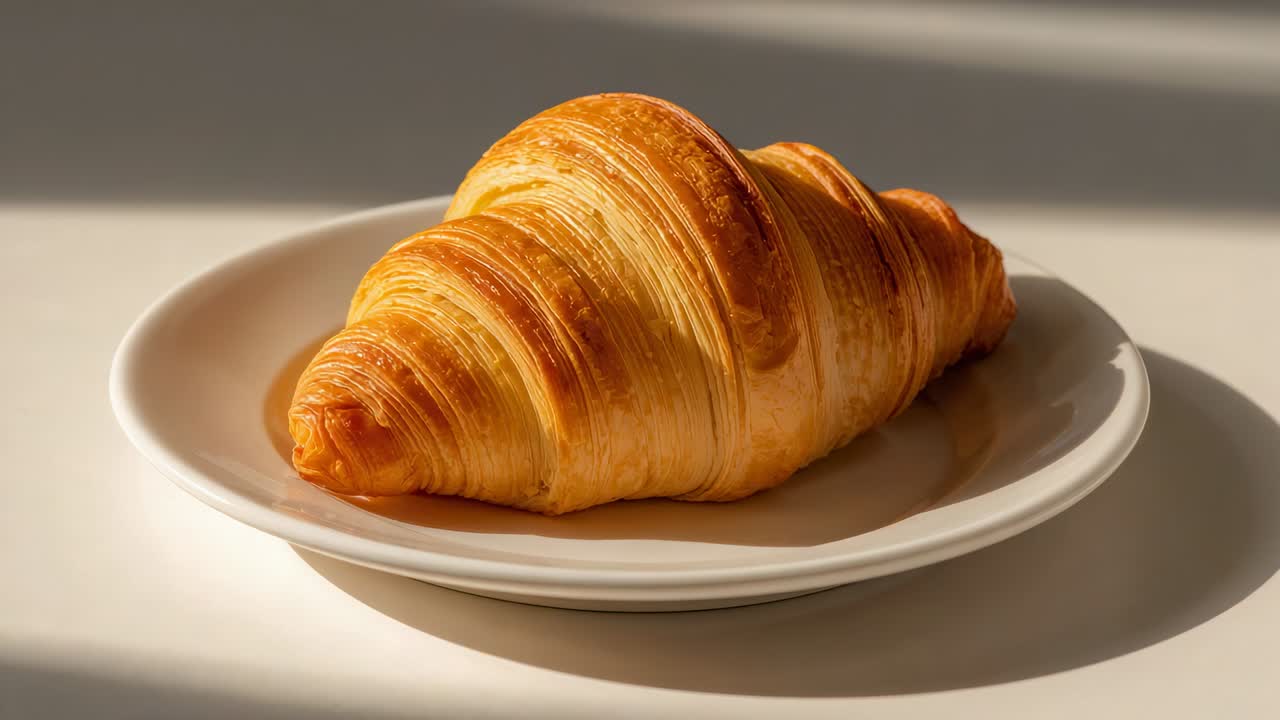Spostamento della telecamera e luce in movimento che mostrano gli strati del croissant su un piatto bianco vicino alla finestra con ombre
