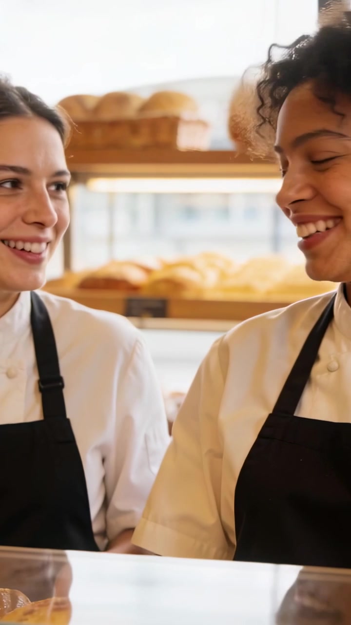Vertical video: Glancing aproned bakers behind glass display at bakery, handing loaves to customer