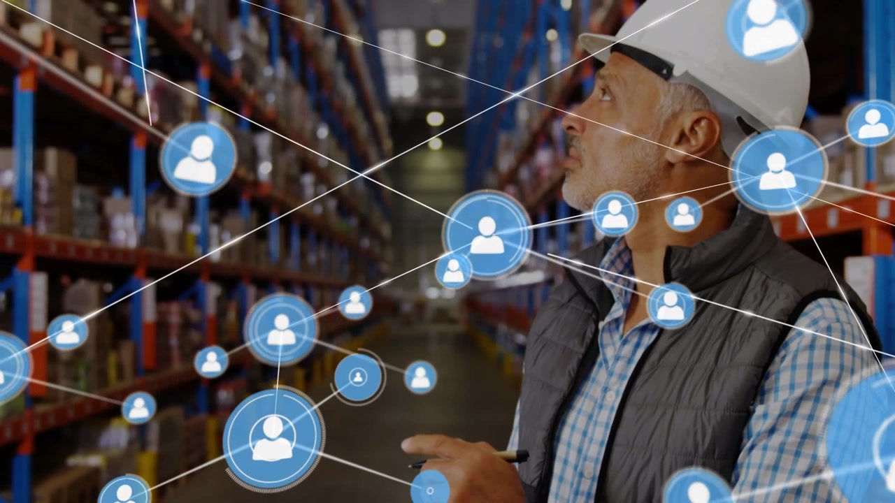 Un concetto di rete complessa di connessioni di icone per il settore della logistica e dei trasporti
