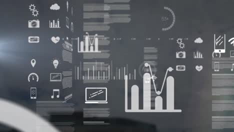 animation of data processing with icons over sky with clouds