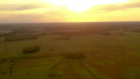 Aerial-view-of-a-golden-sunset-over-the-grasslands-of-Land-O´Lakes-in-Florida