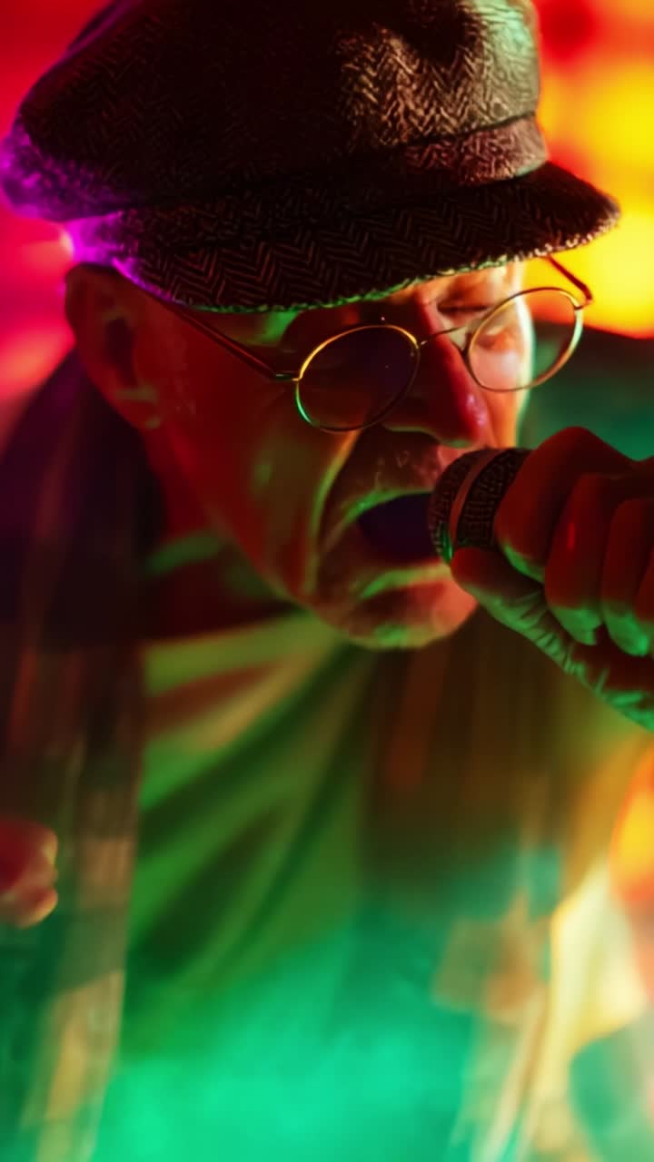 An Inspirational Performance by an Elderly Musician Singing Passionately into a Microphone Under Colorful Stage Lights Full of Emotion and Energy