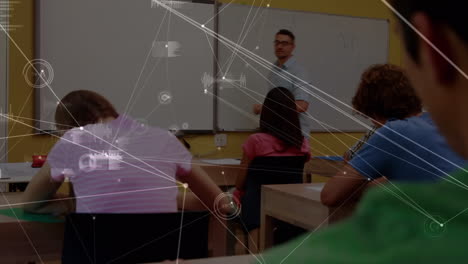 Animation of network of connections over male teacher and students