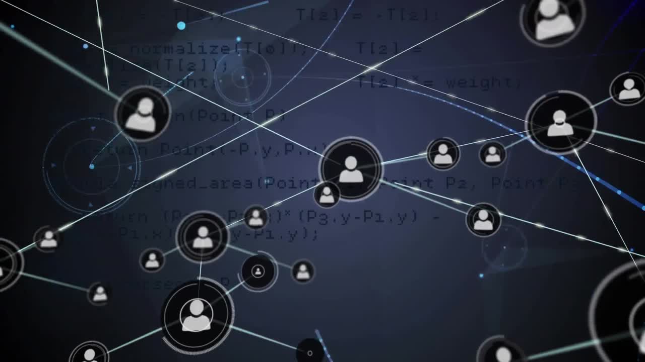 Animation of data and network of connections with icons over dark background