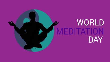 animación del texto del día mundial de la meditación con una silueta de hombre meditando sobre un fondo púrpura