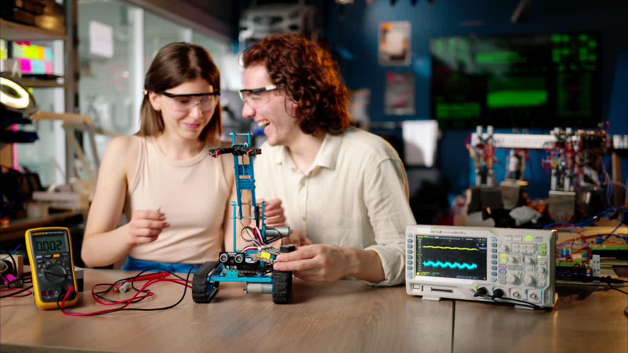 Two young happy engineers fixing a mechanical robot car in the workshop, using VR virtual reality headsets, computer programming