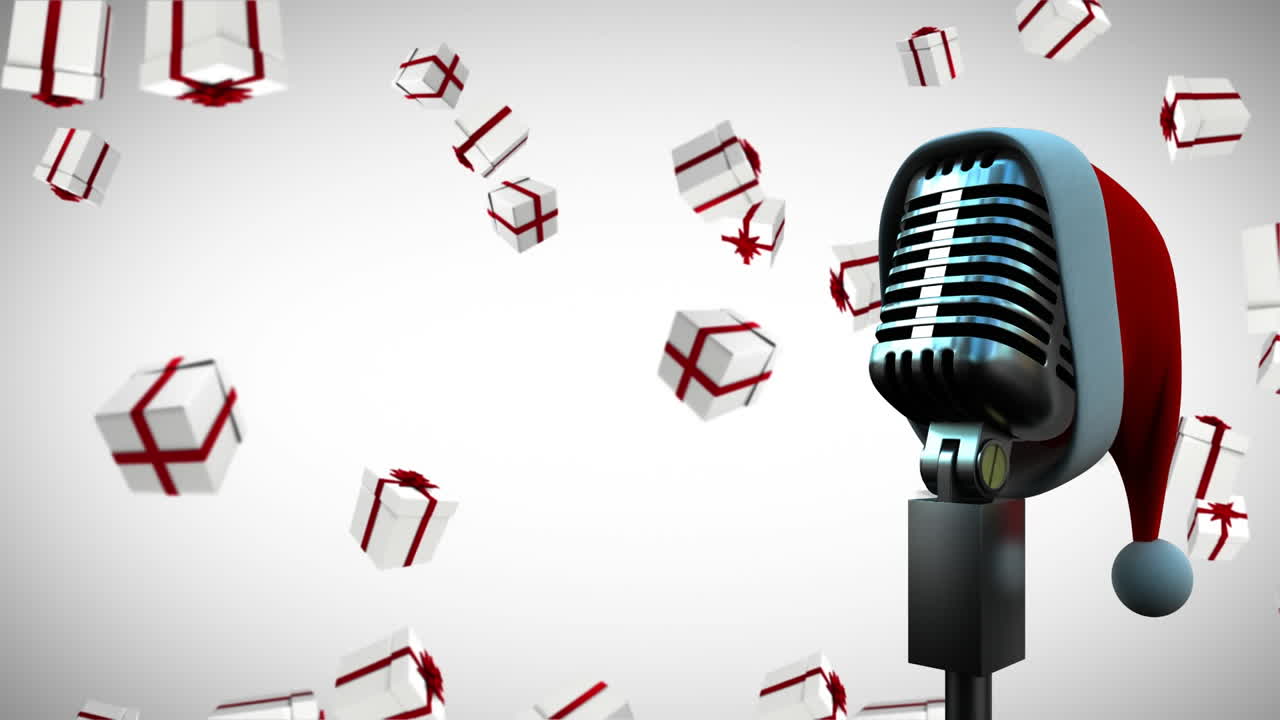 ⁇  배경 에 떨어지는 크리스마스 선물 과 함께 빈티지 마이크 에 산타 모자 의 애니메이션