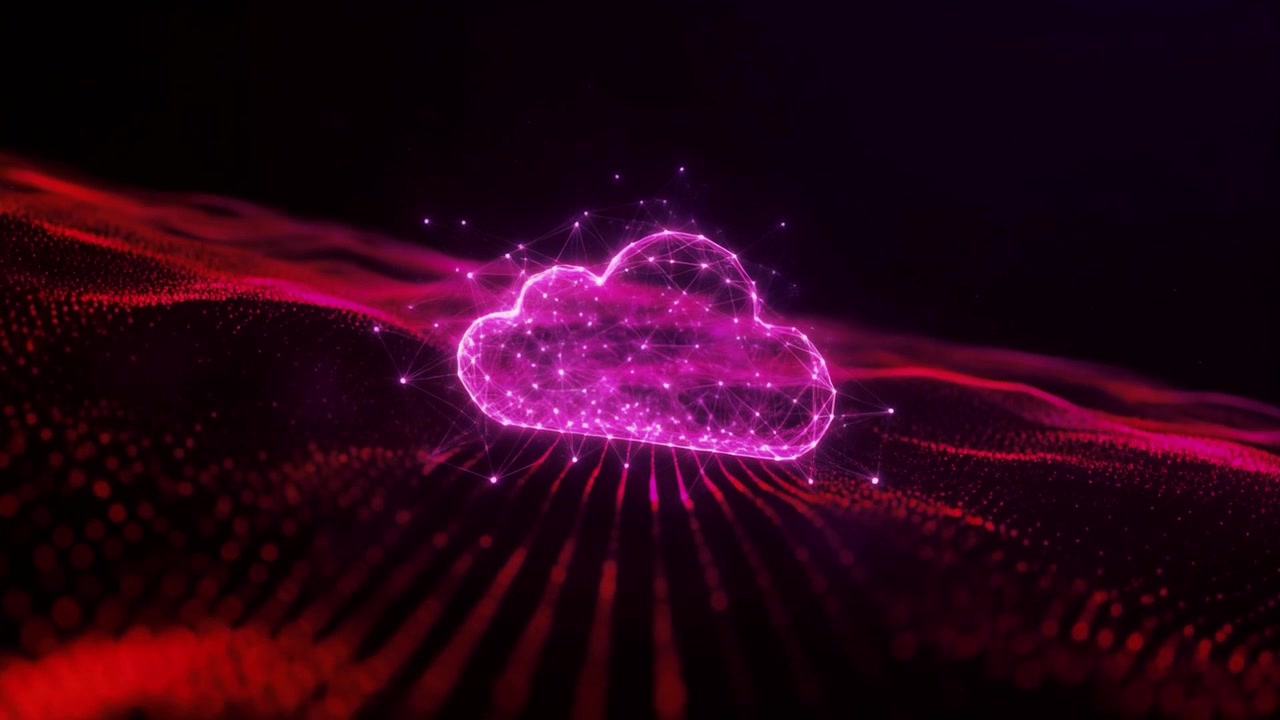 Glowing Pink Cloud Computing Icon on Abstract Digital Background