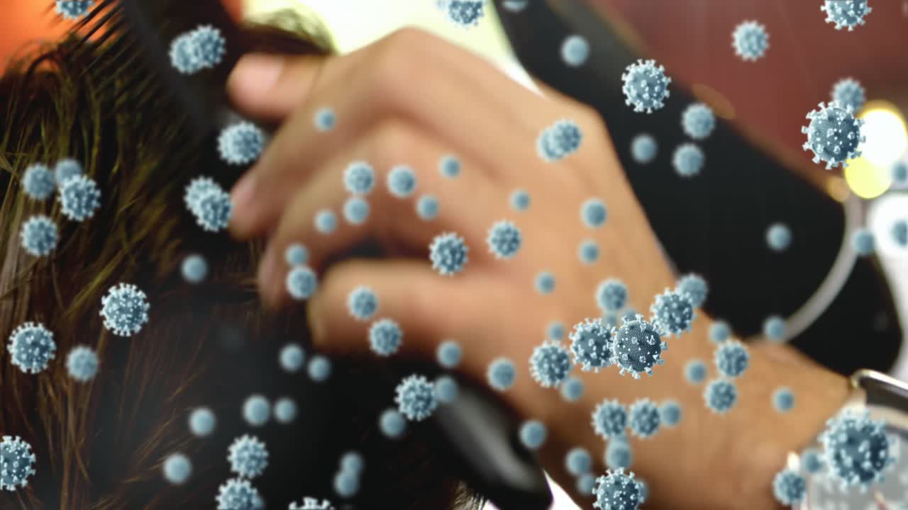 코로나19 콘셉트 아이콘과 이발사 헤어스타일링 남자