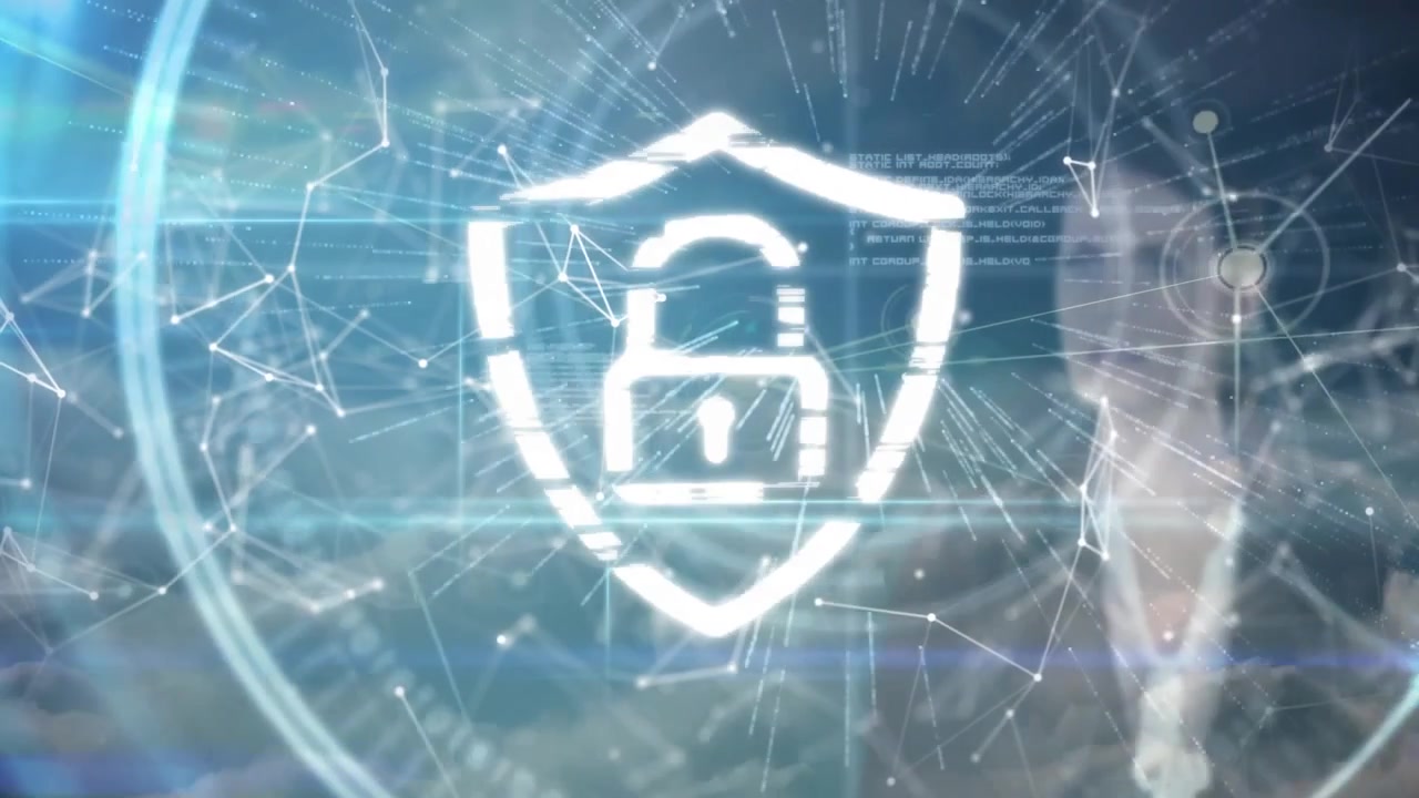 Woman gazing at holographic grid causing particles forming shield lock showing cybersecurity