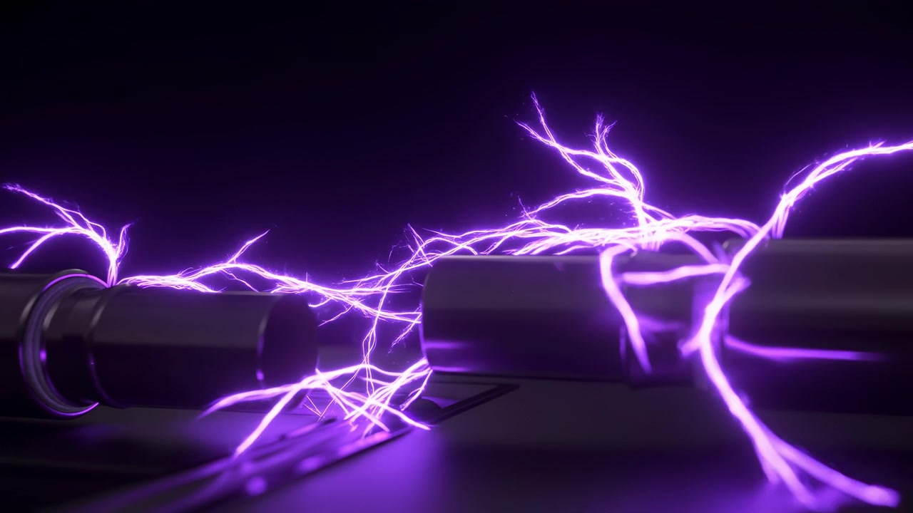Close-up of two dark metal cable connectors joined on a black surface, with bright purple electrical arcs flashing across the center against a dark studio