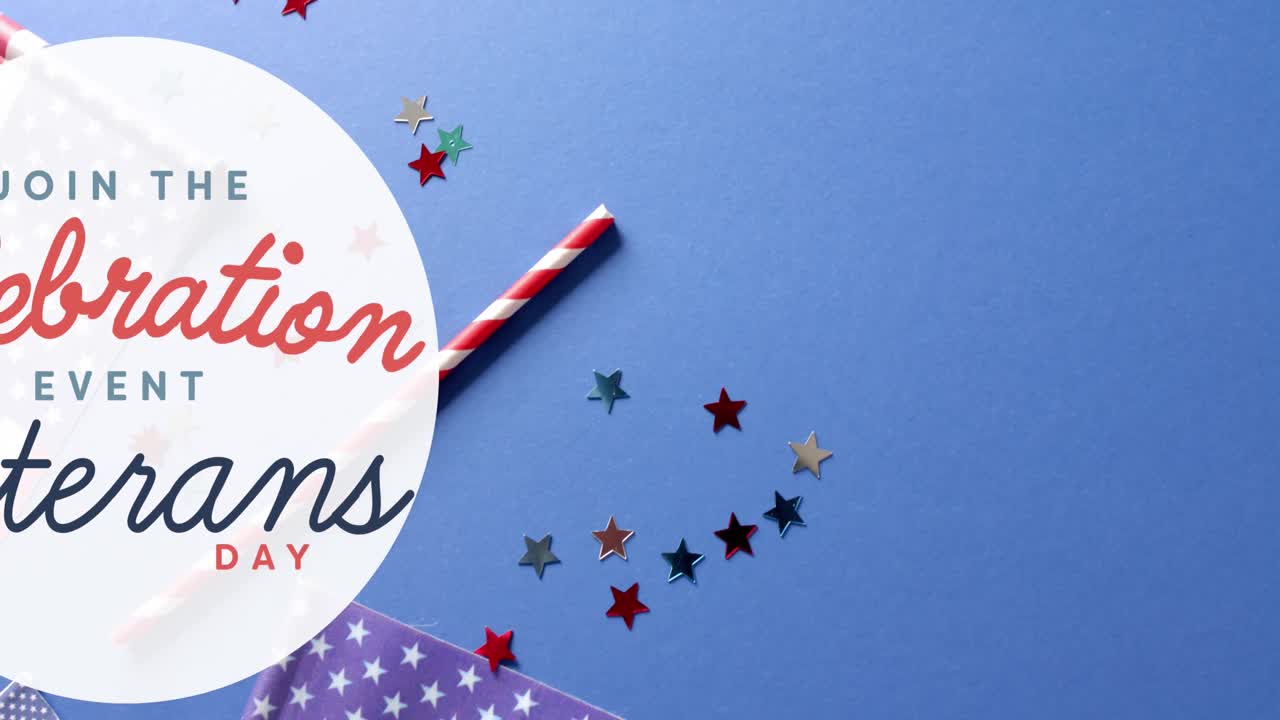 파란색 배경에 있는 미국의 별과 발 위의 참전용사 날 텍스트의 애니메이션