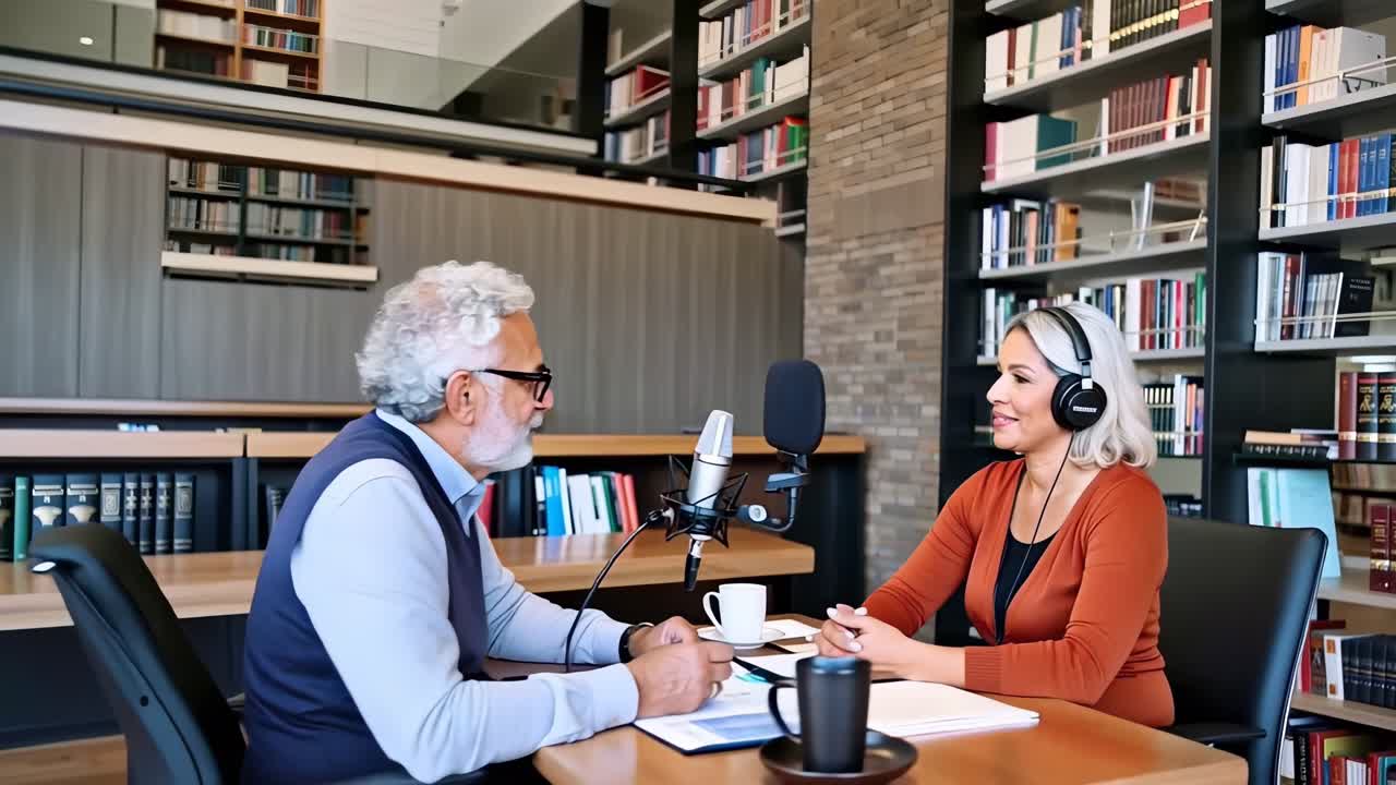 Diverse Hosts Recording Podcast Interview in Library