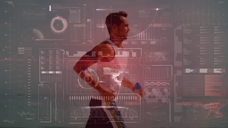 animación de escaneo de alcance y procesamiento de datos sobre hombre en condiciones de correr por la orilla del mar