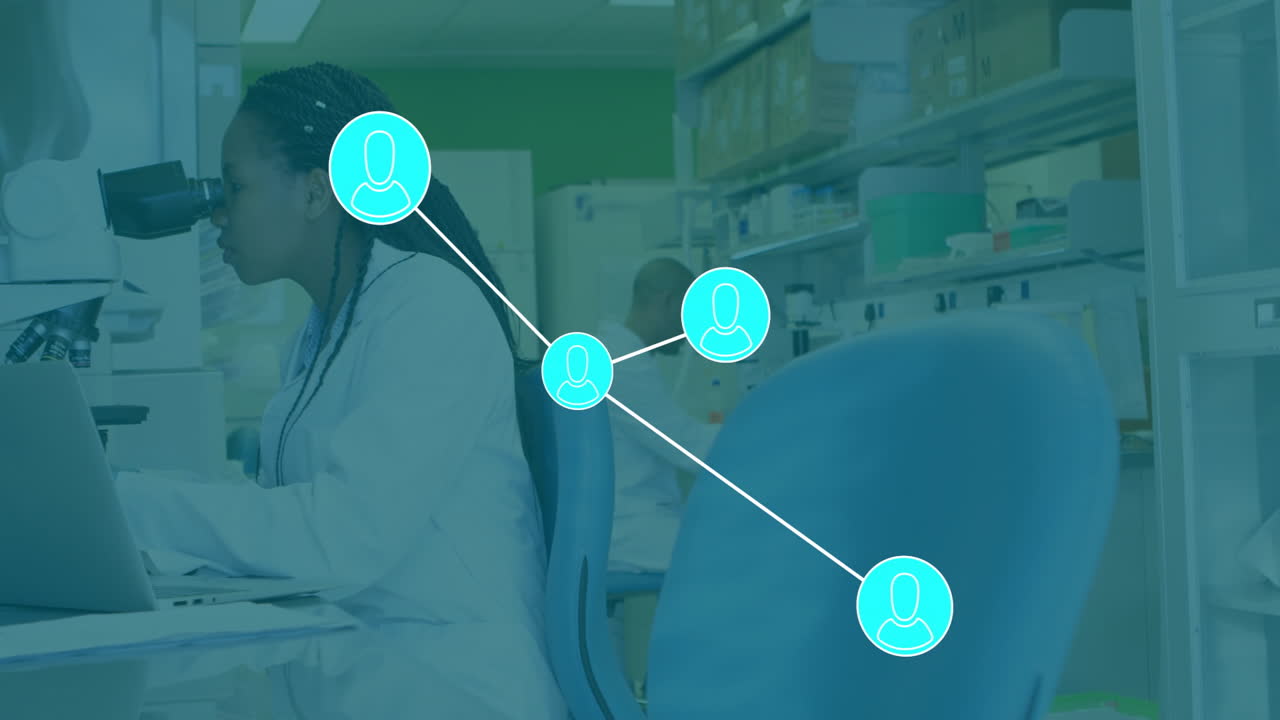 Female scientist peering through microscope in research lab, network graphic connecting team icons