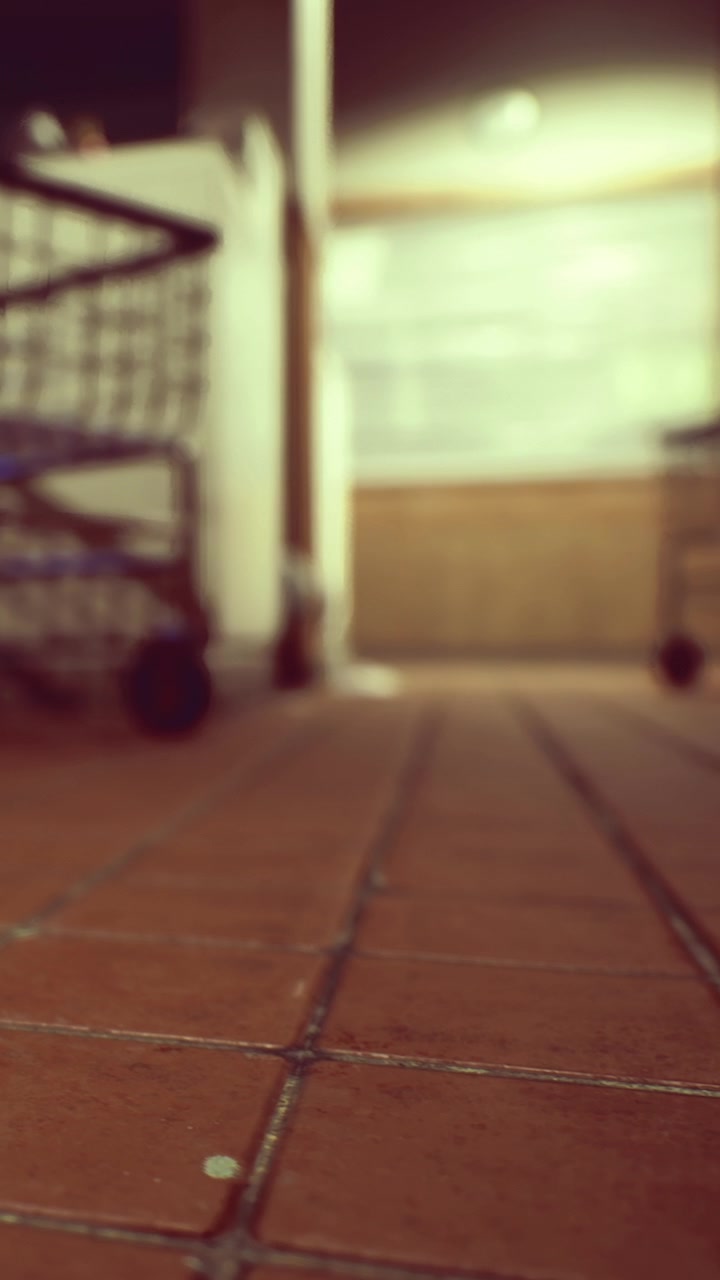 Movement of a shopping cart in an indoor market area during daytime