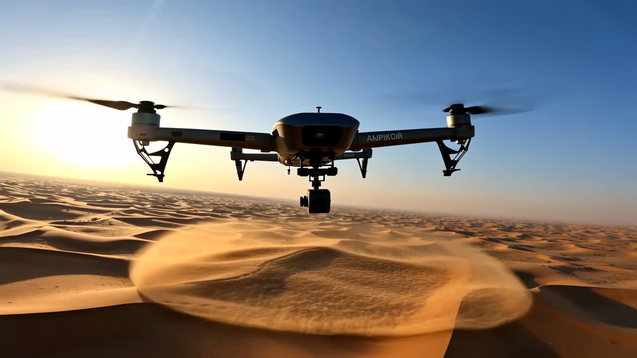 Drone flying over desert sand dunes at sunset