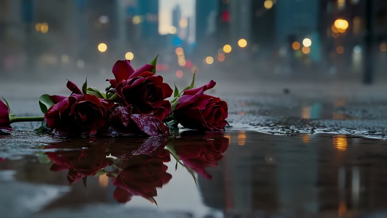 Zeige einen kleinen Strauß roter Rosen, der auf einer nassen Straße liegt, wobei restlicher Regenabfluss beginnt, Wellen zu erzeugen