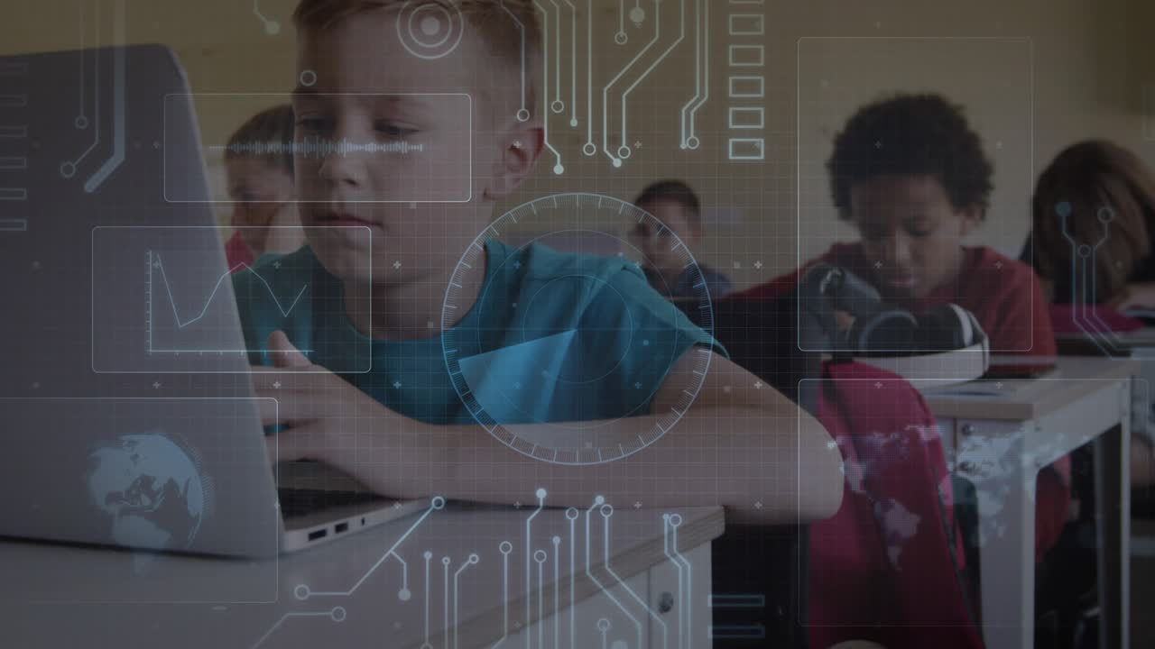 Boy in blue t-shirt typing on laptop in classroom, activating HUD graphics for education tech demo