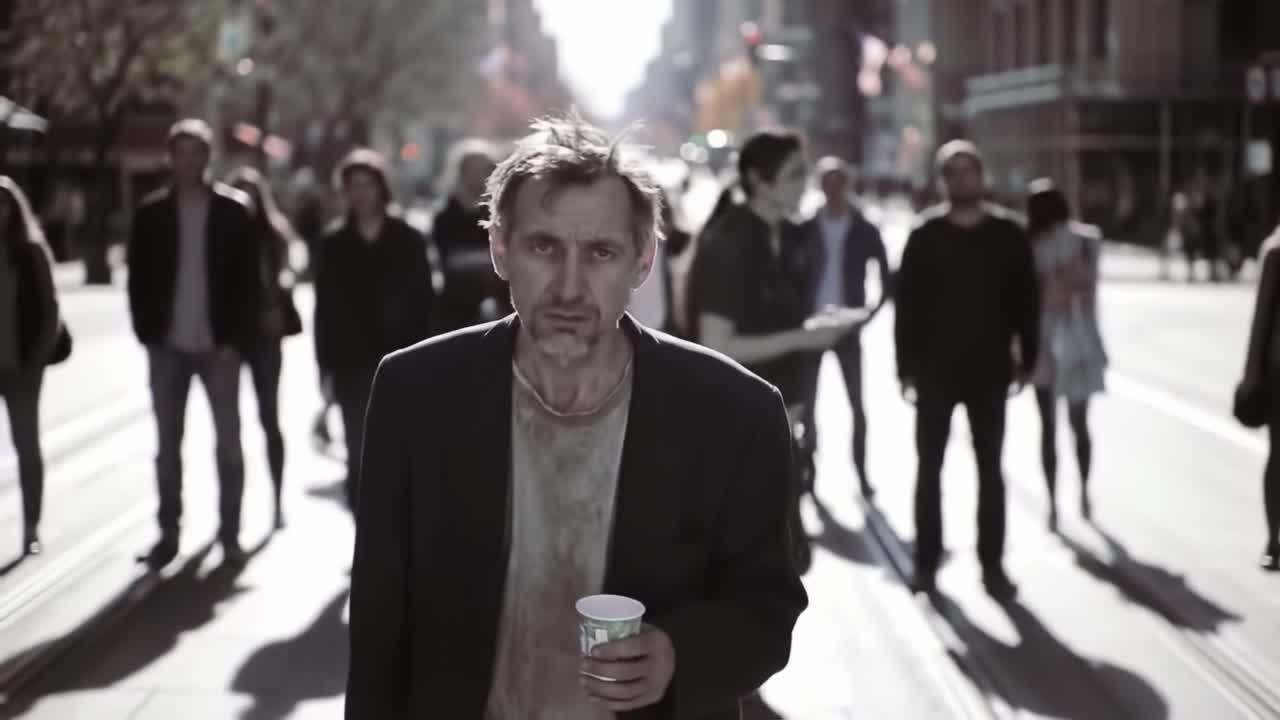 A solitary figure navigates a bustling urban street, embodying the theme of isolation amidst the crowds, revealing a stark contrast between despair and everyday life.