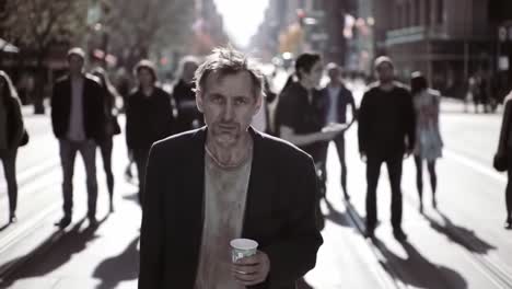 a solitary figure navigates a bustling urban street, embodying the theme of isolation amidst the crowds, revealing a stark contrast between despair and everyday life.
