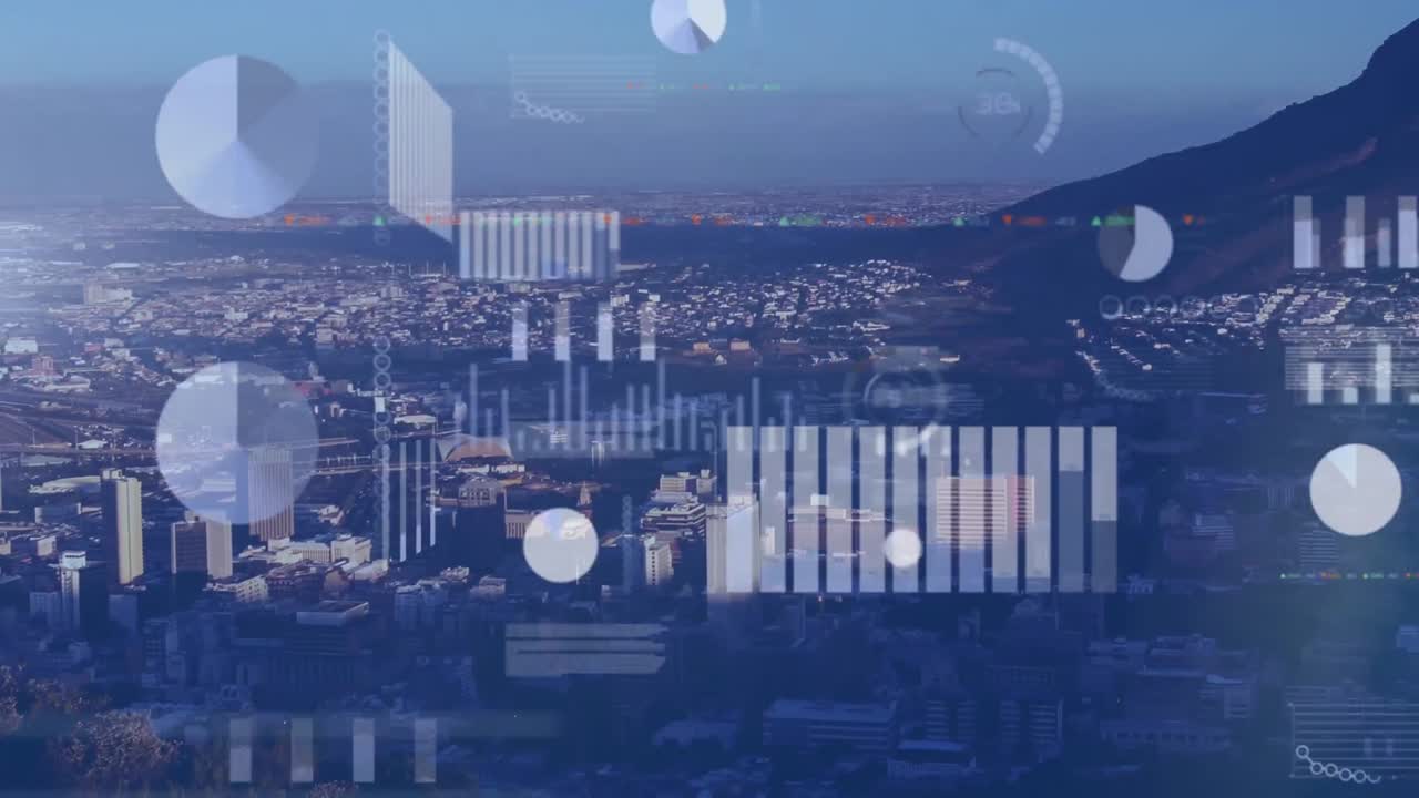 Animation of data processing over cityscape