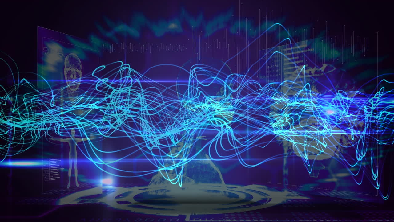 해부학적 데이터와 회전하는 골격과 함께 화면 위에 움직이는 파란 파동의 애니메이션