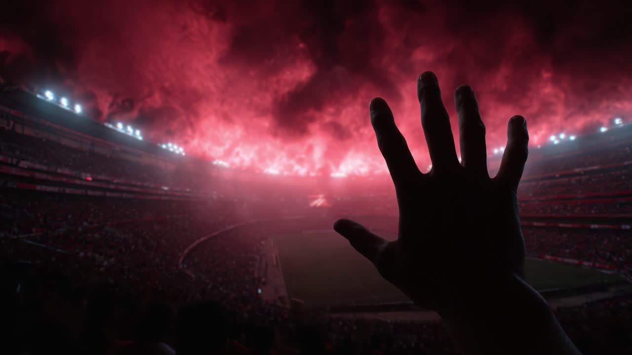 Spectacular Night at the Stadium: A Dramatic Scene of Fans Celebrating Under a Fiery Sky with Hands Raised in Excitement and Anticipation