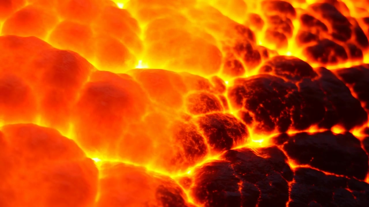 Laavavirta tulivuoren pinnalla muodostaa jäähtyvää kuorta oikealta, ruokkien hehkuvia halkeamia.