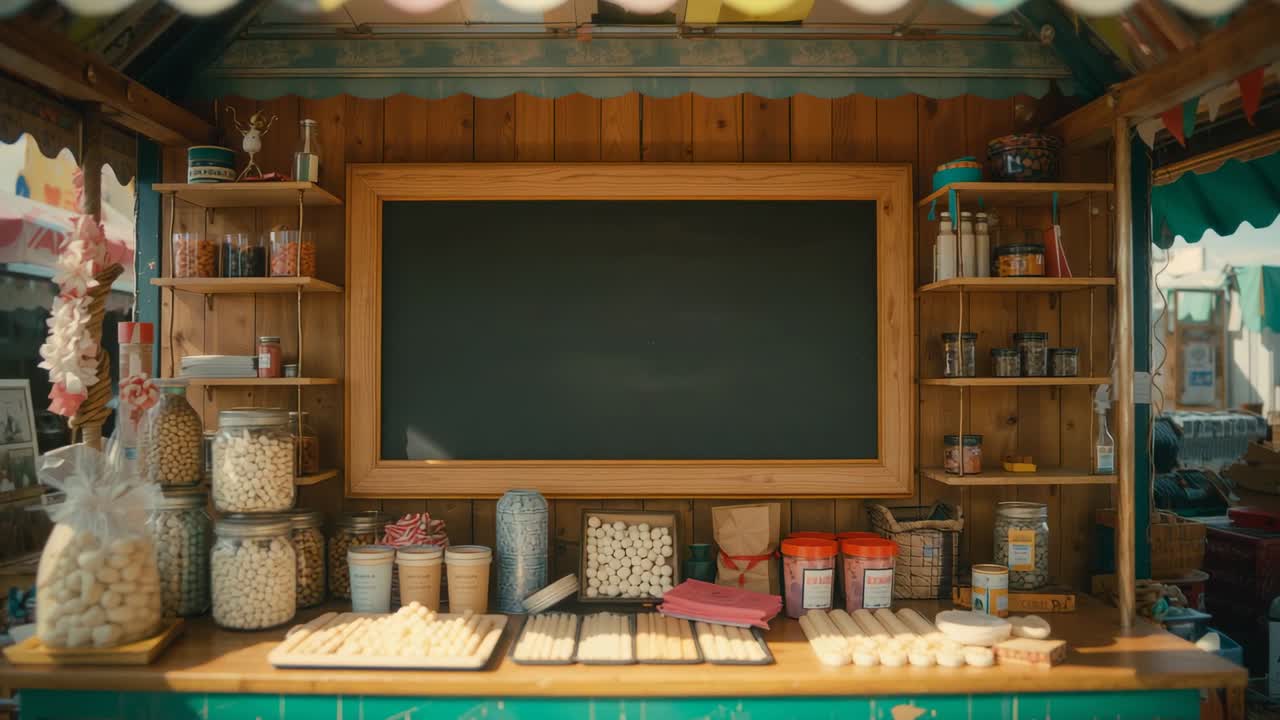 Shifting camera focus revealing chalkboard and candy jars at market stall with scalloped awning