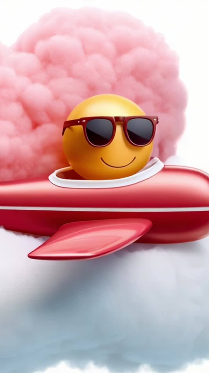 Un allegro personaggio sole animato che indossa occhiali da sole vola gioiosamente su un aeroplano rosso, circondato da nuvole rosa a forma di zucchero filato, irradiando felicità e divertimento