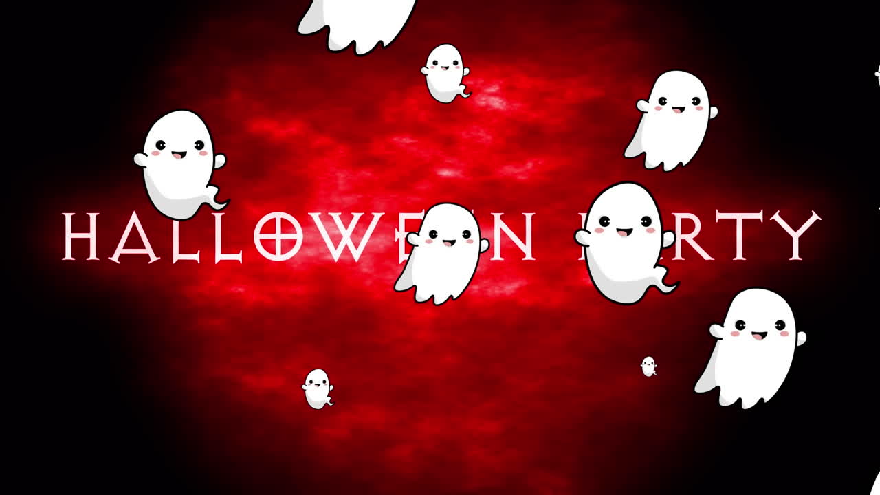 블랙과 레드 배경에 할로윈 파티와 떠다니는 유령의 애니메이션