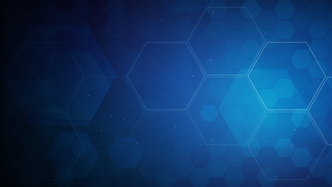 Abstract blue technological background with hexagonal shapes. Blinking polygonal lines with flying particles. Looped motion graphics.