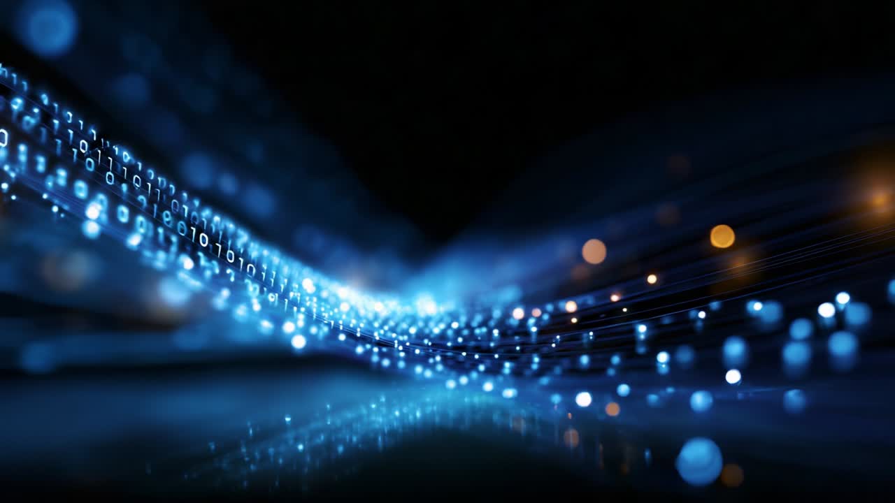 A Captivating Visualization of Dynamic Digital Data Flow: Waves of Binary Code and Lights Demonstrating the Sophistication of Modern Technology and Data Transmission in a Dark Background