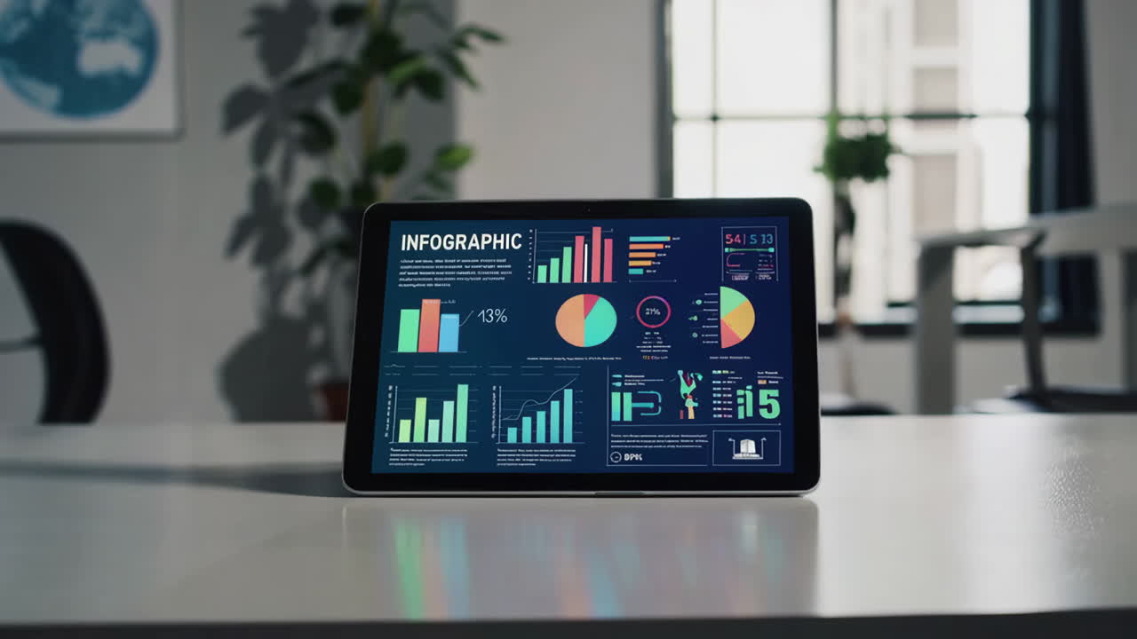 Tablet displaying business data and infographics