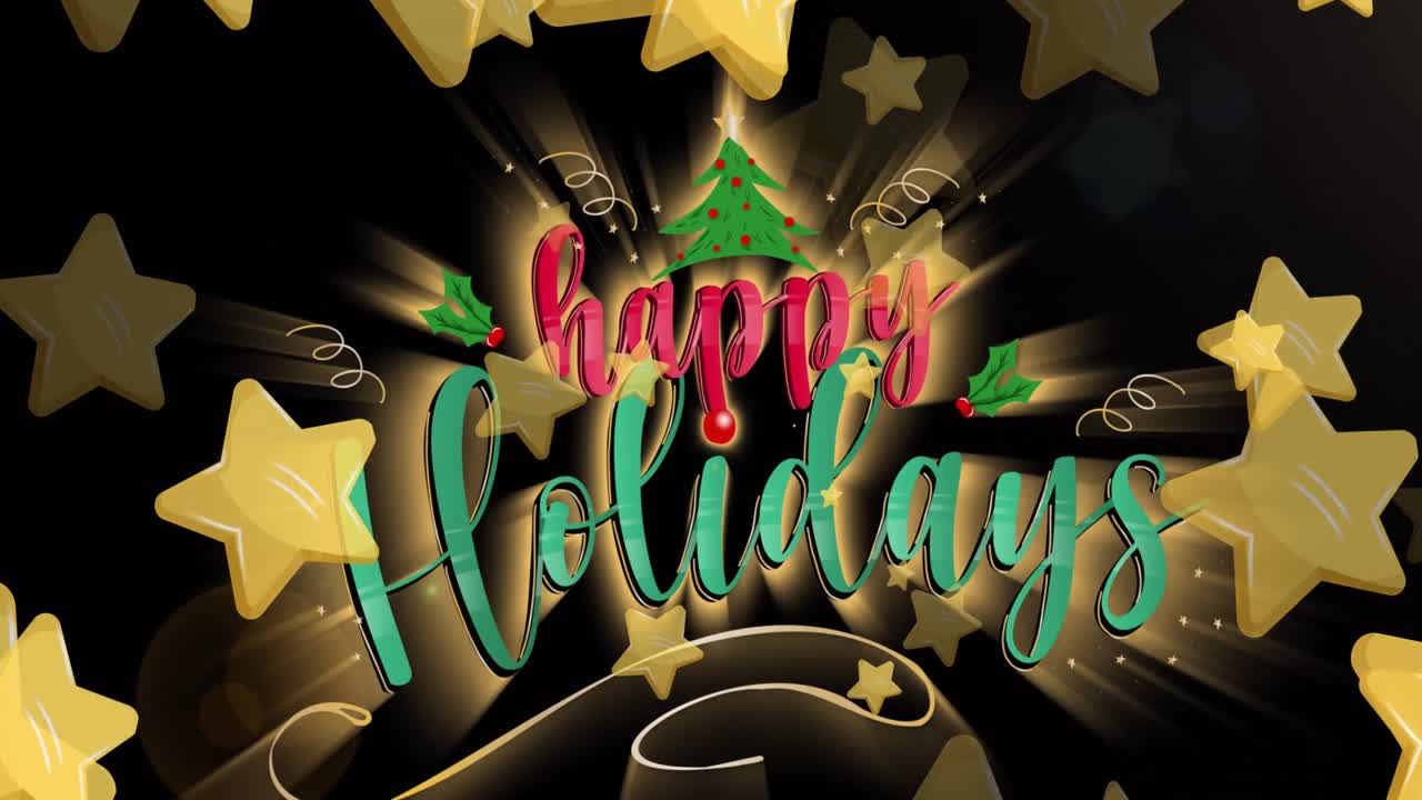 animación de felices vacaciones texto sobre las estrellas que caen