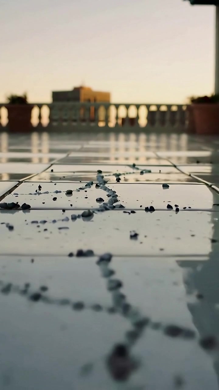 Video verticale: Telecamera che si allontana rivelando una linea di granuli su una terrazza, mostrando i riflessi della ringhiera.