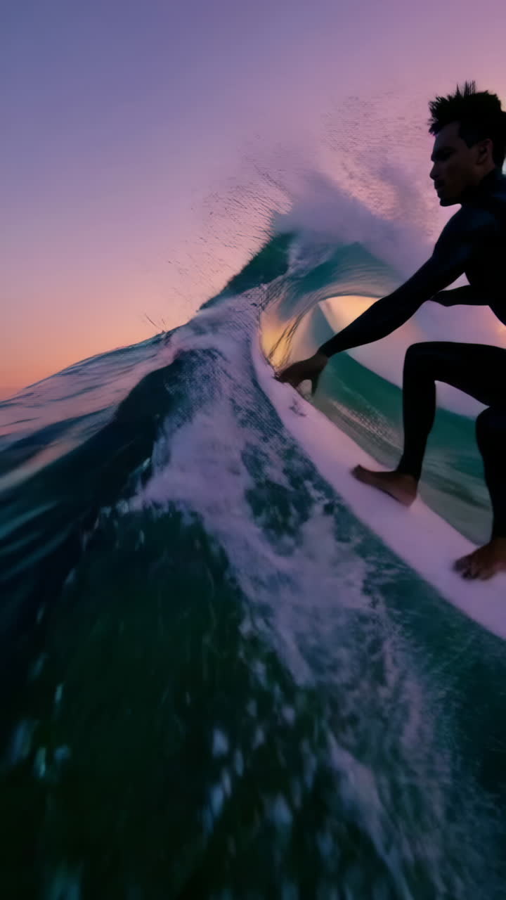 Surfer catching a sunset wave