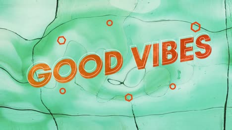 Animation-of-good-vibes-text-over-abstract-orange-shapes-on-green-patterned-background