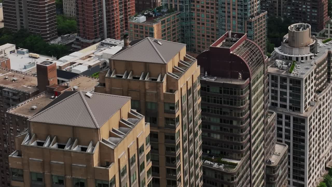 Views of modern buildings in New York captured from above by drone
