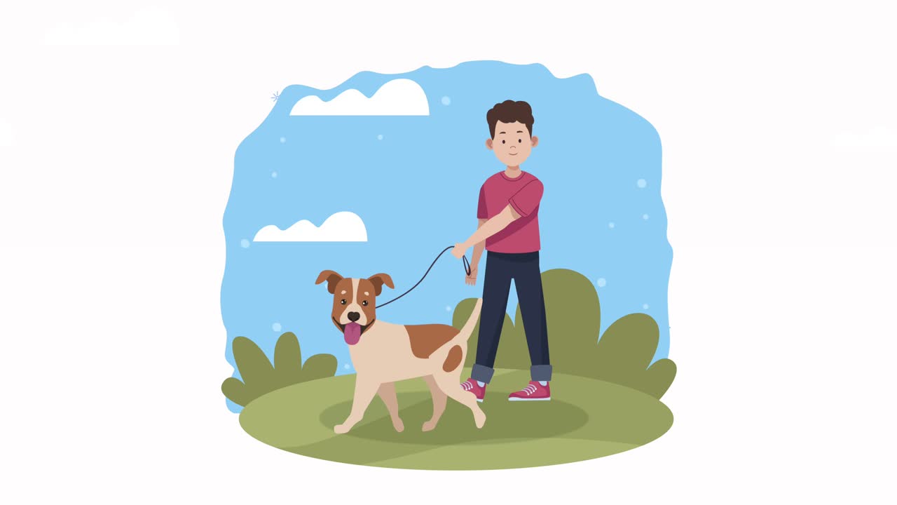 Owner with dog mascot walking animation | Premium Stock Video Footage