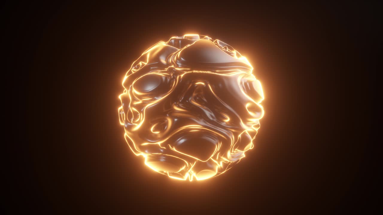 Abstract luminous neon sphere. Abstract background with futuristic orange wavy ripples. 3d shape with strobing curly pattern. Seamless loop 3d render