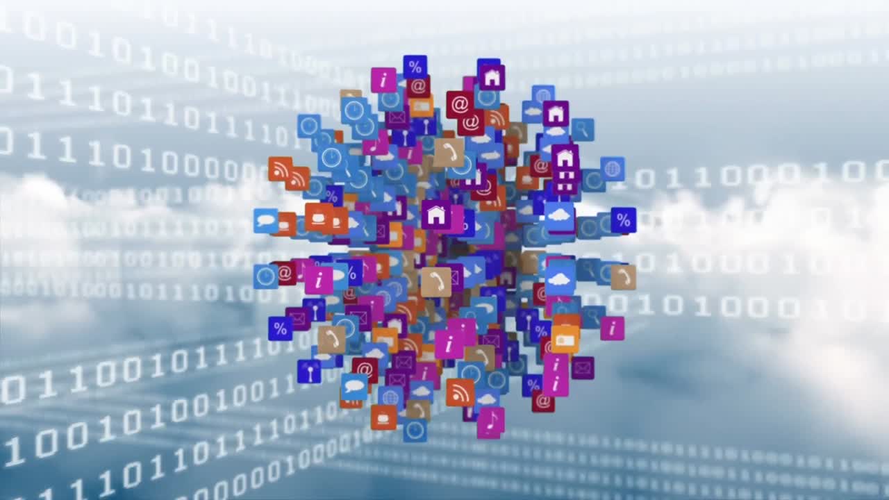 Animation of network of connections with icons and binary coding