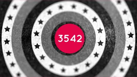 números crecientes en la bandera roja redonda contra las estrellas en círculos giratorios en fondo negro
