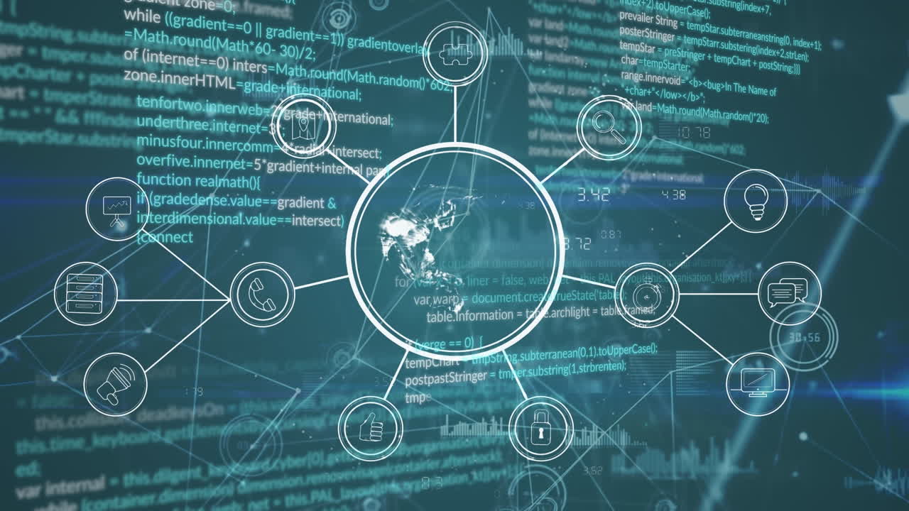 animation eines netzwerks von verbindungen über datenverarbeitung auf schwarzem hintergrund