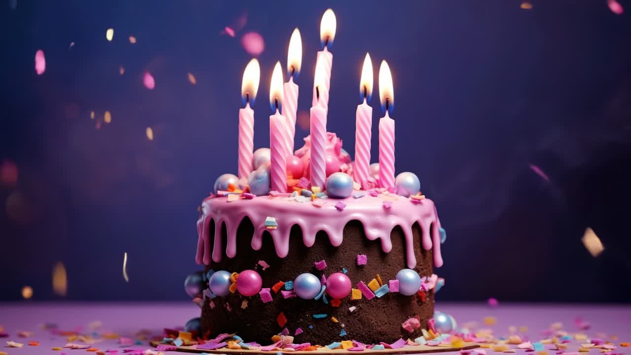 A vibrant video close-up of a chocolate cake with pink icing and candles, shot at eye level