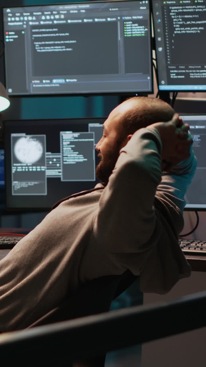 Vertical video: Smiling coder feeling content about programming achievement