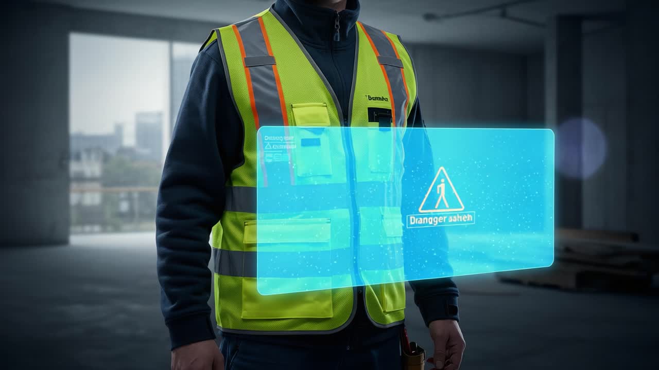 A Construction Worker in a Safety Vest With Augmented Reality Hazard Warnings Displayed, Demonstrating Safety Protocols in a Modern Work Environment